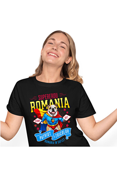 StoryGift Romania Tricou Femei cu Bulldog Caine In Costum de Capitan Romania ...