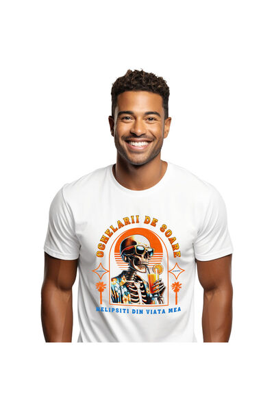 StoryGift Romania Tricou Barbati cu Craniu Uman Cu Ochelari De Soare Si Camas...
