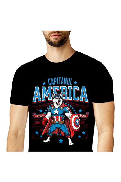 StoryGift Romania Men's T-Shirt with Siberian Husky / Siberian Husky Dog in Captain America Costume,Black_S