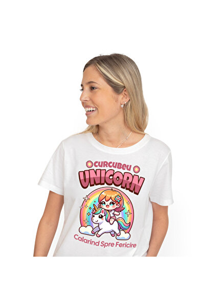 StoryGift Romania Tricou Femei cu Fata Vesela Pe Unicorn Multicolor Curcubeu ...