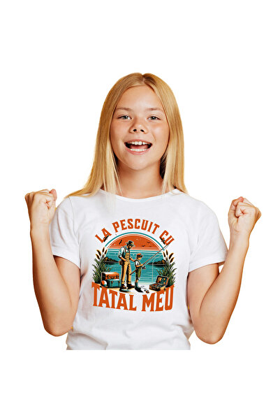 StoryGift Romania Tricou Copii cu Tata Si Fiu La Pescuit Balta Natura, Peste, Drumetie, Activitati,White_8ANI