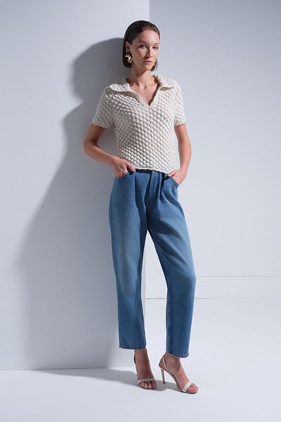JOIN US Openwork Polo Neck Ecru Blouse