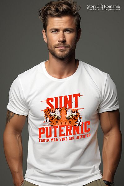 StoryGift Romania Men's T-shirt with Angry Tiger Eyes Motivational Message Power, Jungle Print, White_S