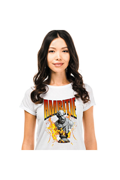 StoryGift Romania Tricou Femei cu Bust Statuie Greceasca Barbat Cu Barba Si Mustata In Flacari Mot,White_S