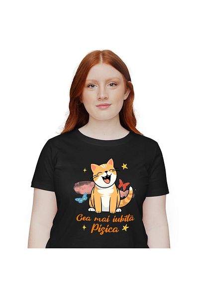 StoryGift Romania Women's T-Shirt with Cheerful Orange Cat with Furry Animal Smile, Lovers of M,Black_M