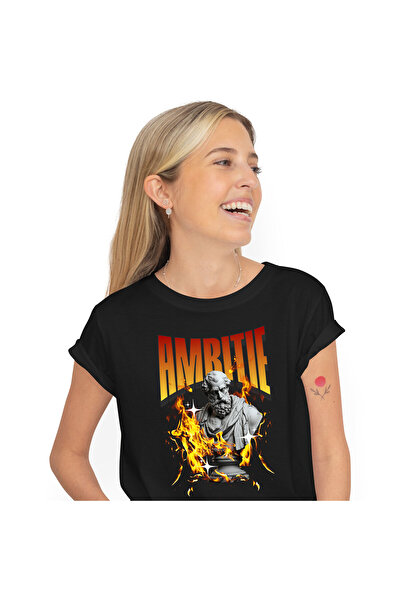 StoryGift Romania Tricou Femei cu Bust Statuie Greceasca Barbat Cu Barba Si Mustata In Flacari Mot,Black_M