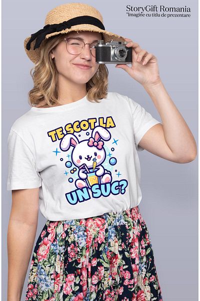 StoryGift Romania Tricou Femei cu Iepure Alb Cu Funda Roz Suc De Fructe, Animal Pufos, Paste cu im,White_L