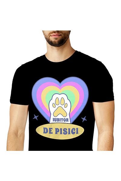 StoryGift Romania Tricou Barbati cu Labuta De Pisica Alba Inima Multicolor, Iubitorii De Motani, A,Black_M