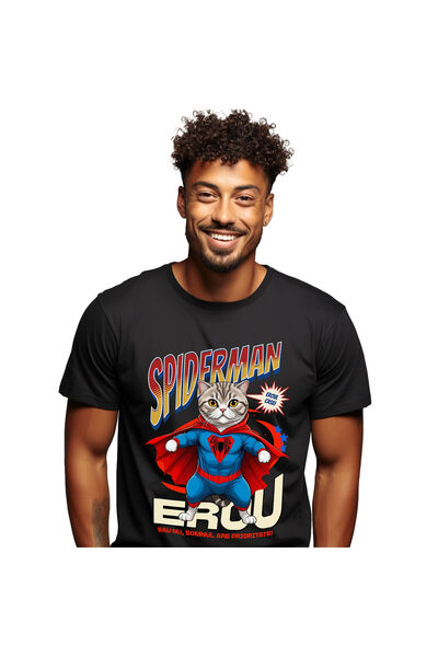 StoryGift Romania Tricou Barbati cu Scottish Fold Pisica In Costum de SpiderM...