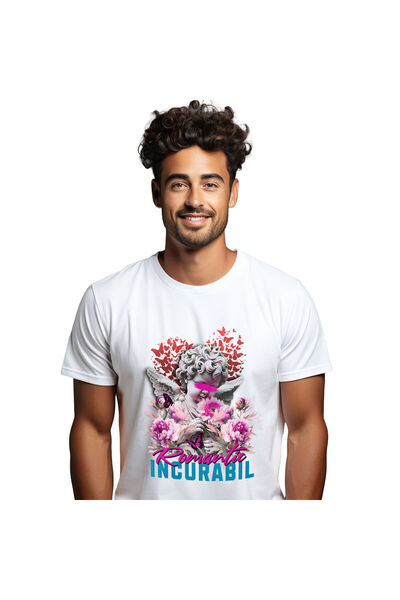 StoryGift Romania Tricou Barbati cu Inger Statuie Copil Cu Flori Roz, Valenti...