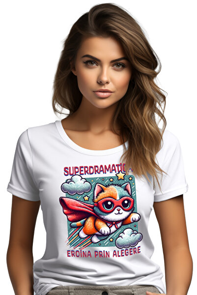 StoryGift Romania Tricou Femei Super Dramatica, SuperErou, Eroina Prin Alegere, cu imprimeu pe Fa WHT_S