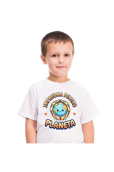 StoryGift Romania Tricou Copii cu Pui Planeta Pamant Maini Calde Reciclare Verde cu imprimeu pe Fa,White_6ANI