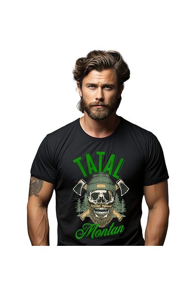 StoryGift Romania Men's T-shirt with Dead Human Skull With Beard and Mustache, Hat, Forest Axes, Black_S