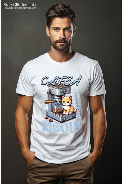 StoryGift Romania Men's T-Shirt with Cat Next to Coffee Machine, Coffee Beans, Furry Animal, E,White_M