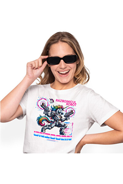 StoryGift Romania Tricou Femei cu Robot Unicorn Cu arme, Coama multicolor Col...