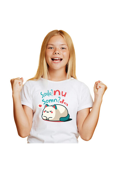 StoryGift Romania Tricou Copii cu Pisica Pufoasa, Dormind, Relaxare, Dimineat...