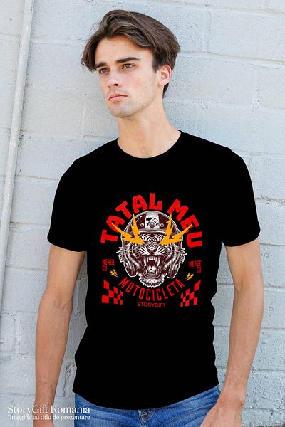 StoryGift Romania Men's T-Shirt with Angry Tiger with Helmet Protection Long Fangs Motorcycle Family,Black_L