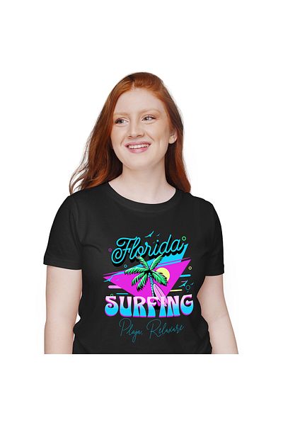 StoryGift Romania Tricou Femei cu Pamier Cu Nuci De Cocos Si Placa De Surf, Vacanta Relaxare cu im,Black_S