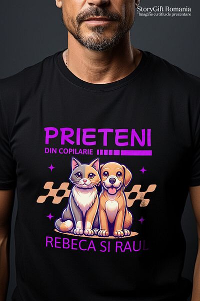 StoryGift Romania Tricou Barbati cu Pisica Si Caine Portret Cuplu Animale Prieteni Iubire, cu impr,Black_S