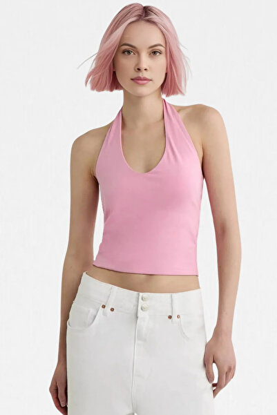 dgs look Γυναικείο κορμάκι με ροζ γιακά Halter Crop Top