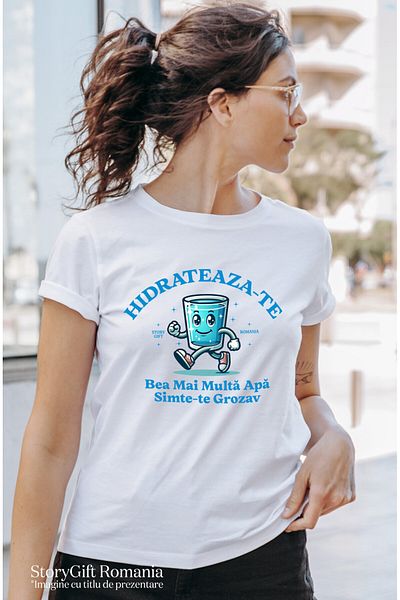 StoryGift Romania Tricou Femei cu Pahar De Apa Cistalina Mergator Vesel, Animatie, Hidratare, Sana,White_S
