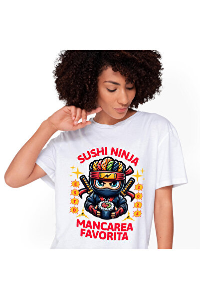 StoryGift Romania Tricou Femei cu Spion Ninja Cu Par Colorat Si Sabii, Tort De Sushi Mancarea Favo,White_XL