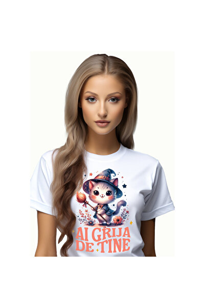 StoryGift Romania Tricou Femei cu Pisica Pufoasa Cu Matura De Vrajitoare Si P...