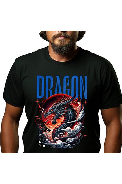 StoryGift Romania Tricou Barbati cu Cultura Chinezeasca Dragon Furios Cu coarne si Flacari, Planet,Black_M