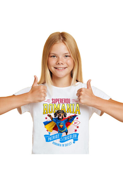 StoryGift Romania Tricou Copii cu Teckel / Dachshund Caine In Costum de Capit...