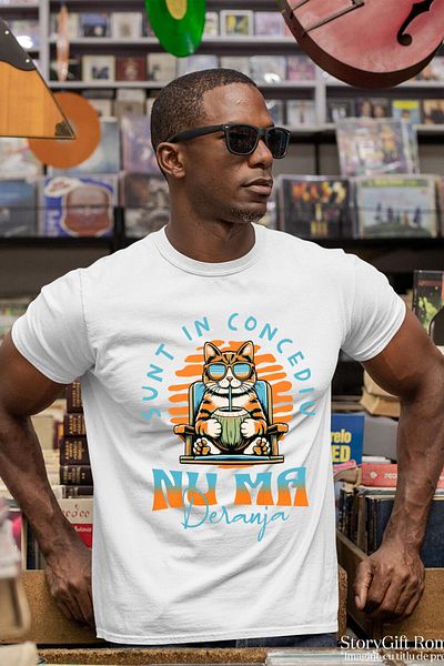 StoryGift Romania Men's T-Shirt with Orange Cat with Sunglasses on a Sunbed with Walnut,White_XS