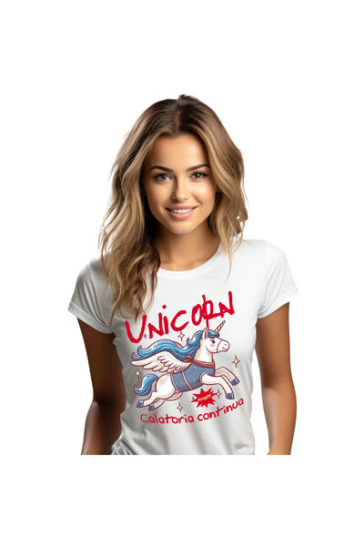 StoryGift Romania Tricou Femei cu Unicorn in zbor desenat Copii, cal cu corn Coama Albastra, aripi,White_S