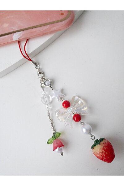 Leydia accessory Çilek Detaylı Boncuk Telefon Charm Çanta Ve Anahtar Süsü Aks...