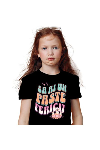 StoryGift Romania Tricou Copii cu Oua Colorate Cu Iepuri Albi, design Multicolor, Paste, Sarbatori,Black_12ANI