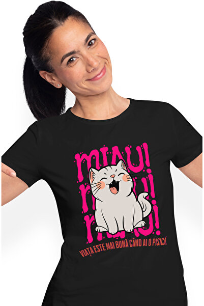 StoryGift Romania Tricou Femei Pisica fericita, text VIATA ESTE MAI BUNA CU O...