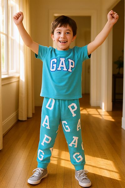 HÇM Boy's Bottom-Up Suit with Text Printed Short Sleeves