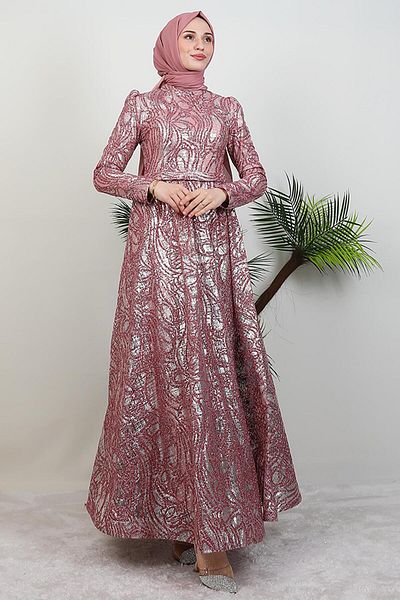 GİYZAMİLA Βραδινό φόρεμα Feraye Glitter Hijab Dusty Rose