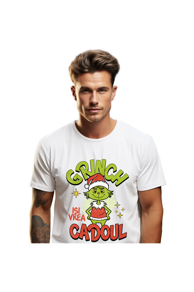 StoryGift Romania Tricou Barbati cu Grinch In Costum Mos Craciun, Cadoul, Fil...