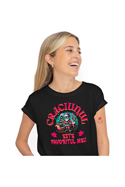 StoryGift Romania Tricou Femei cu Mos Cool Cu Sania Trasa De Ren Purtand Oche...