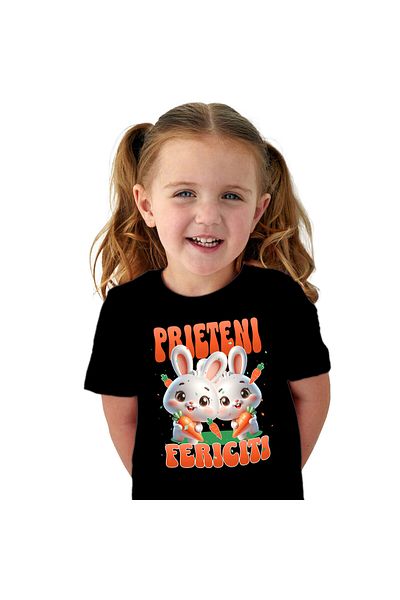 StoryGift Romania Tricou Copii cu Iepuri Albi Cu Morcovi Prieteni Fericiti, Animal Blanos, Paste c,Black_4ANI