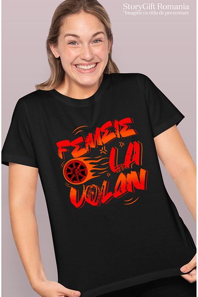 StoryGift Romania Tricou Femei cu Mesaj Colorat Roata Masina In Flacari Iubitorii De Viteza Femeie,Black_XL