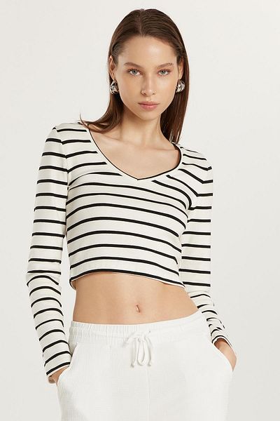 Tudors Women's Slim Fit Slim Fit Long Sleeve Crew Neck Striped Blouse