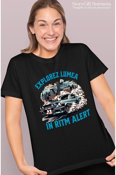 StoryGift Romania Tricou Femei cu Masina Viteza Tunata Vintige Albastra Oras Cu Cladiri Inalte cu ,Black_XS