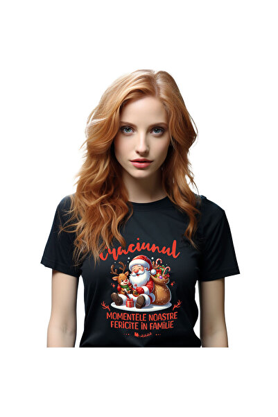 StoryGift Romania Tricou Femei cu Mos Craciun Animat Cu Ren Si Sac de Cadouri...