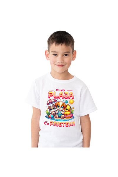 StoryGift Romania Tricou Copii cu Caine Pisica Si Ratusca Cu Colac Pe Plaja C...