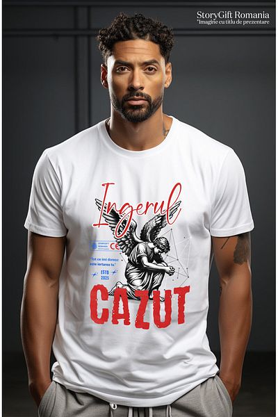 StoryGift Romania Tricou Barbati cu Barbat In Genunchi Cu Aripi Inger Cazut Arta Abstracta Motivat,White_XS