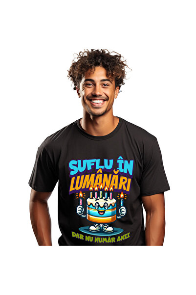 StoryGift Romania Tricou Barbati cu Tort Aniversar Colorat Cu Lumanari Vesel ...