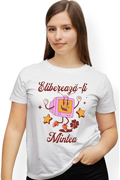 StoryGift Romania Tricou Femei televizor fericit text elibereaza-ti mintea chill cu imprimeu pe Fa WHT_L