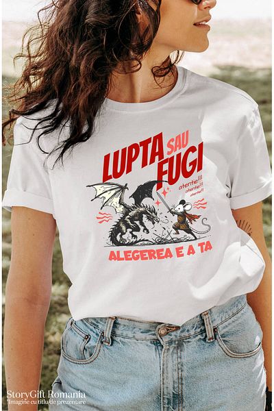 StoryGift Romania Tricou Femei cu Soricel alb Lupta Contra Dragon Basme si Legenta, Razboinici, Jo,White_XL