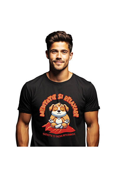 StoryGift Romania Tricou Barbati cu Caine Relaxat Pozitie Yoga, Echilibru Spi...