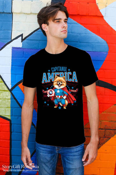 StoryGift Romania Men's T-Shirt with Pomeranian Dog in Captain America Costume with Cape, Hero, Black_XL